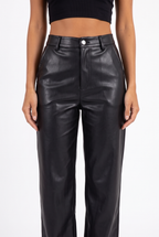 Black faux-leather high-waist wide-leg trousers — waistband, button and pocket detail